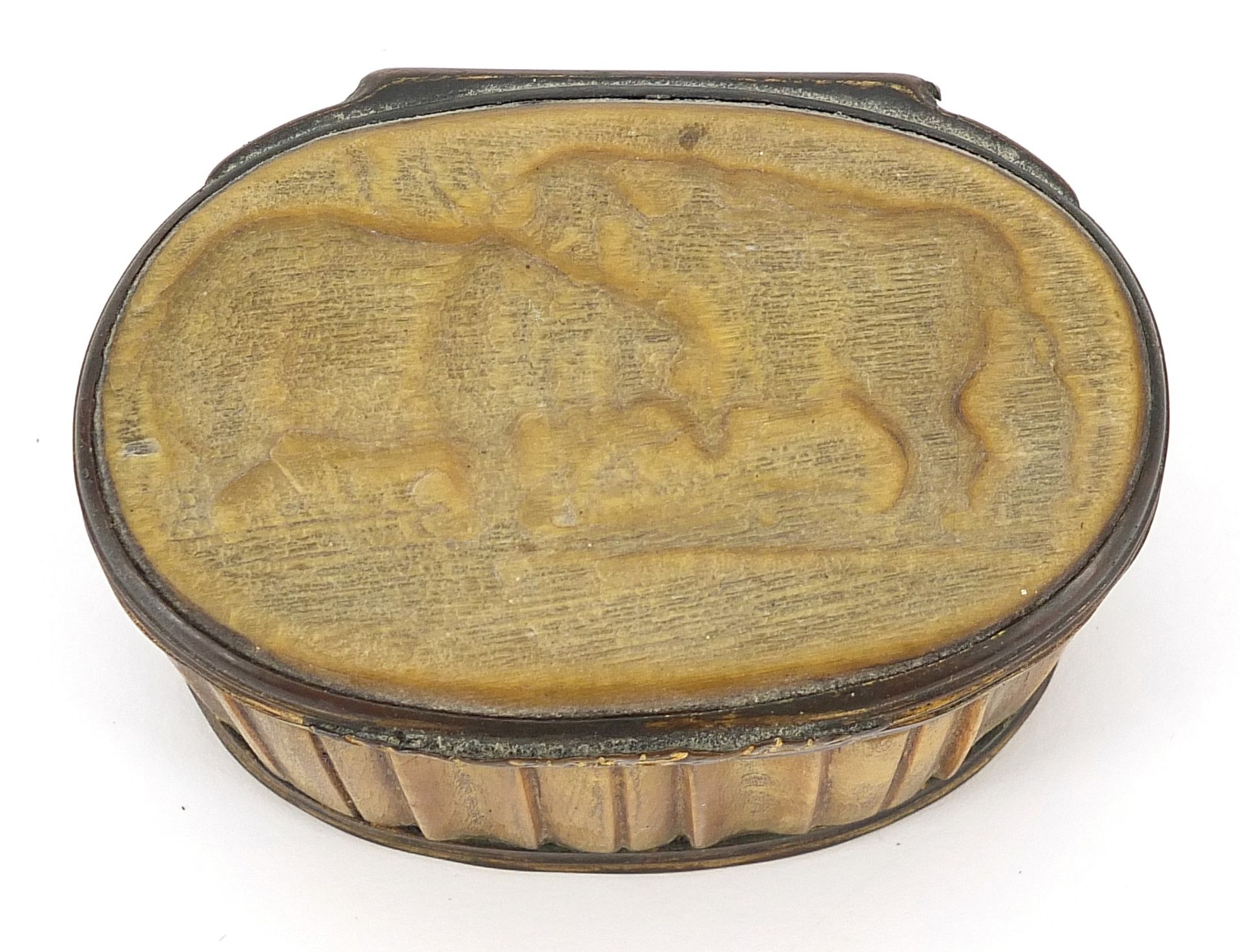 18th century rhinoceros horn snuff box with brass mounts carved with rhinoceroses and elephants, 8. - Image 2 of 4