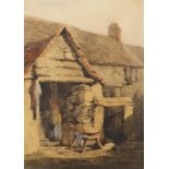 Attributed to Samuel Prout - Figure beside a cottage, 19th century watercolour, mounted on card,