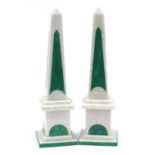 Pair of white marble and malachite obelisks, 42cm high