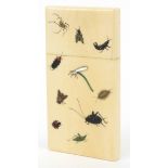 Japanese carved ivory shibayama card case inlaid with insects, 9cm high