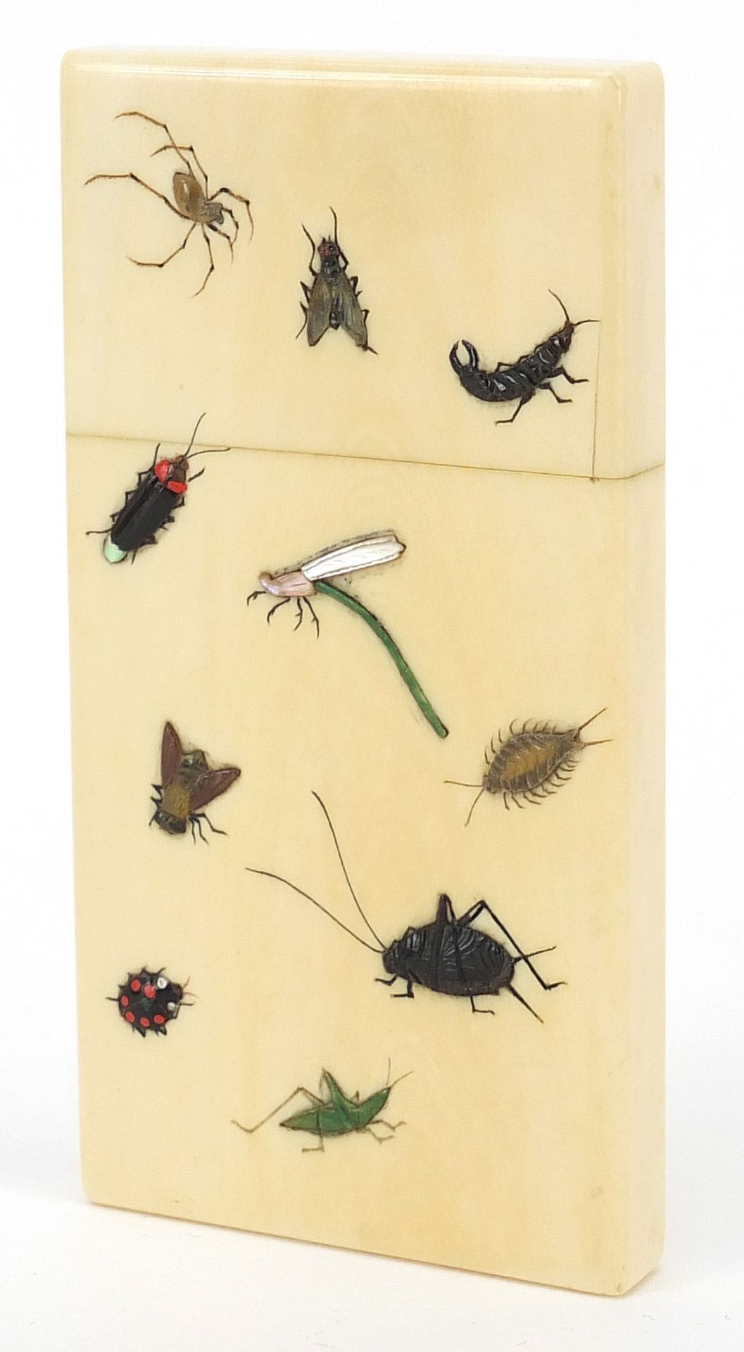 Japanese carved ivory shibayama card case inlaid with insects, 9cm high