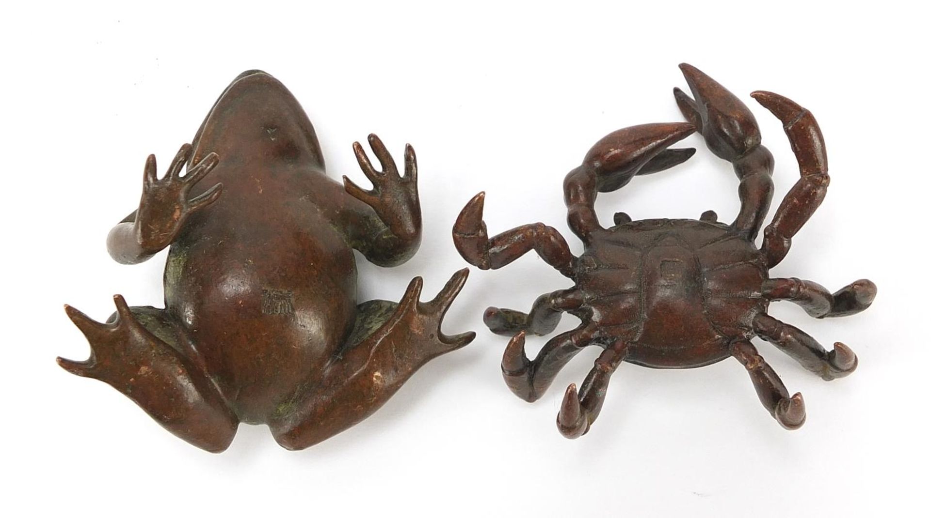 Two Japanese patinated bronze animals comprising frog and crab, each with impressed marks, the - Image 3 of 4