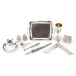 Silver objects including a miniature twin handled tray, masonic jewel, pill box and thimbles, the