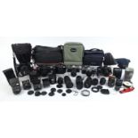 Vintage and later cameras, lenses and accessories including two Canon AE1's and Canon T50