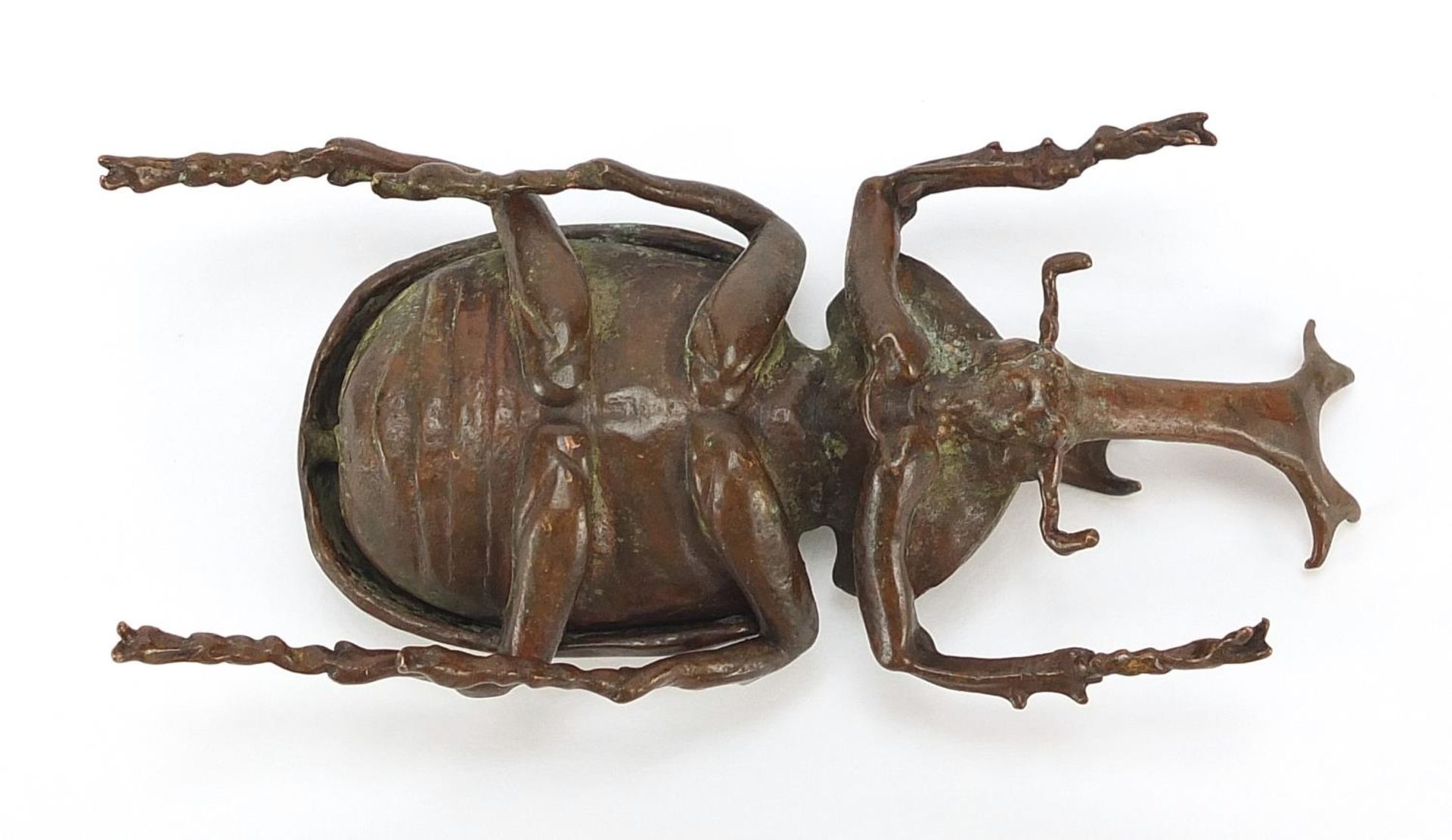 Large Japanese patinated bronze rhinoceros beetle with articulated body, impressed marks, 10cm in - Image 3 of 3