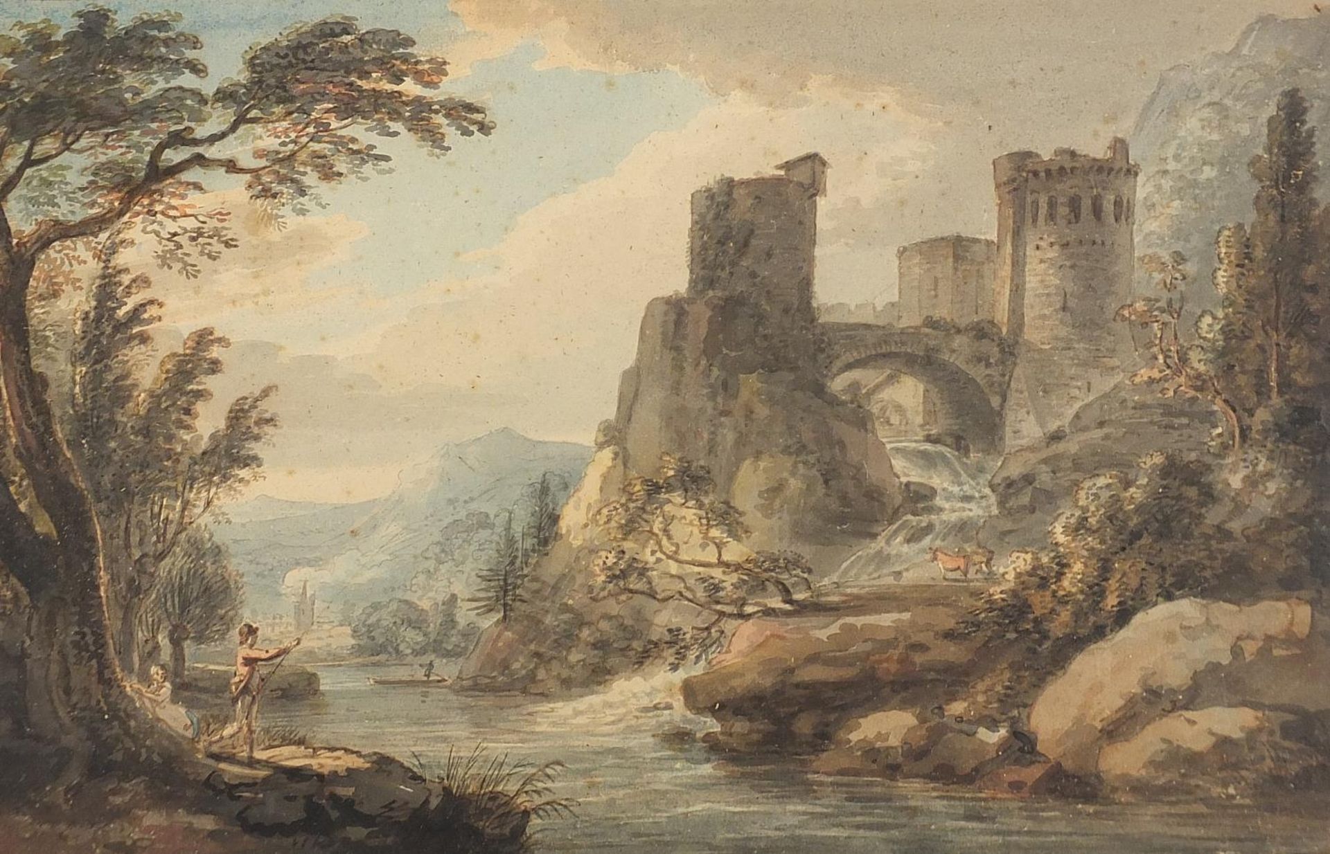 River landscape with a castle and figures, 19th century Italian watercolour on paper, indistinctly