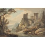 River landscape with a castle and figures, 19th century Italian watercolour on paper, indistinctly