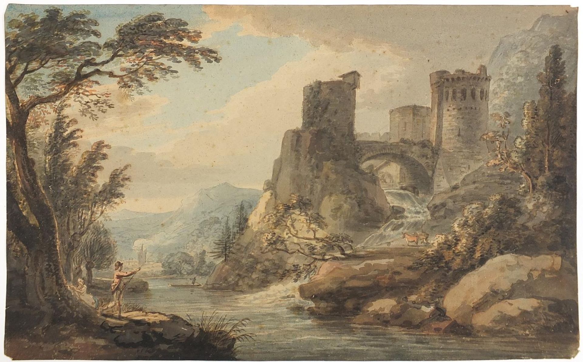 River landscape with a castle and figures, 19th century Italian watercolour on paper, indistinctly - Image 2 of 4