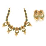 Islamic gilt metal, enamel and beadwork necklace with matching earrings, the necklace 80cm in length