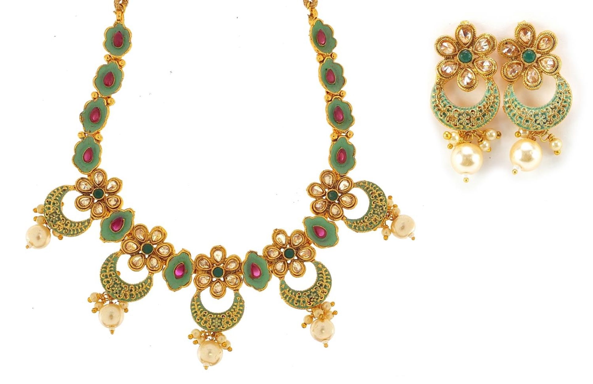 Islamic gilt metal, enamel and beadwork necklace with matching earrings, the necklace 80cm in length
