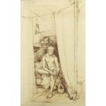 Eric Hebborn - Seated nude male, pen and ink, mounted on card, unframed, 39cm x 24cm excluding the