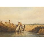 David Cox 1847 - Figures and horses in water, 19th century watercolour on card, mounted, unframed,