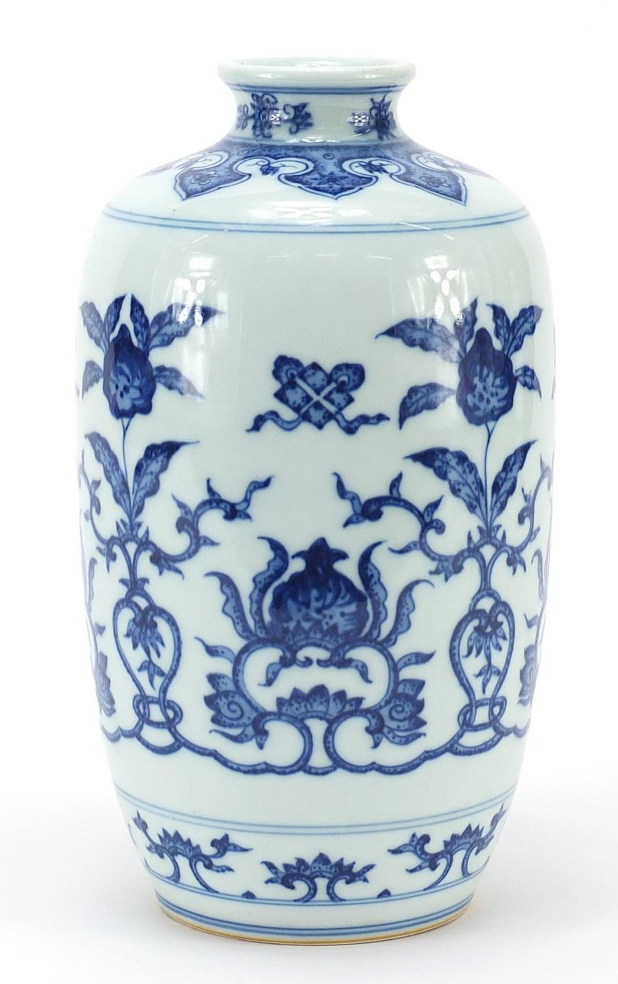 Chinese blue and white porcelain vase hand painted with flowers, six figure character marks to the - Image 2 of 3