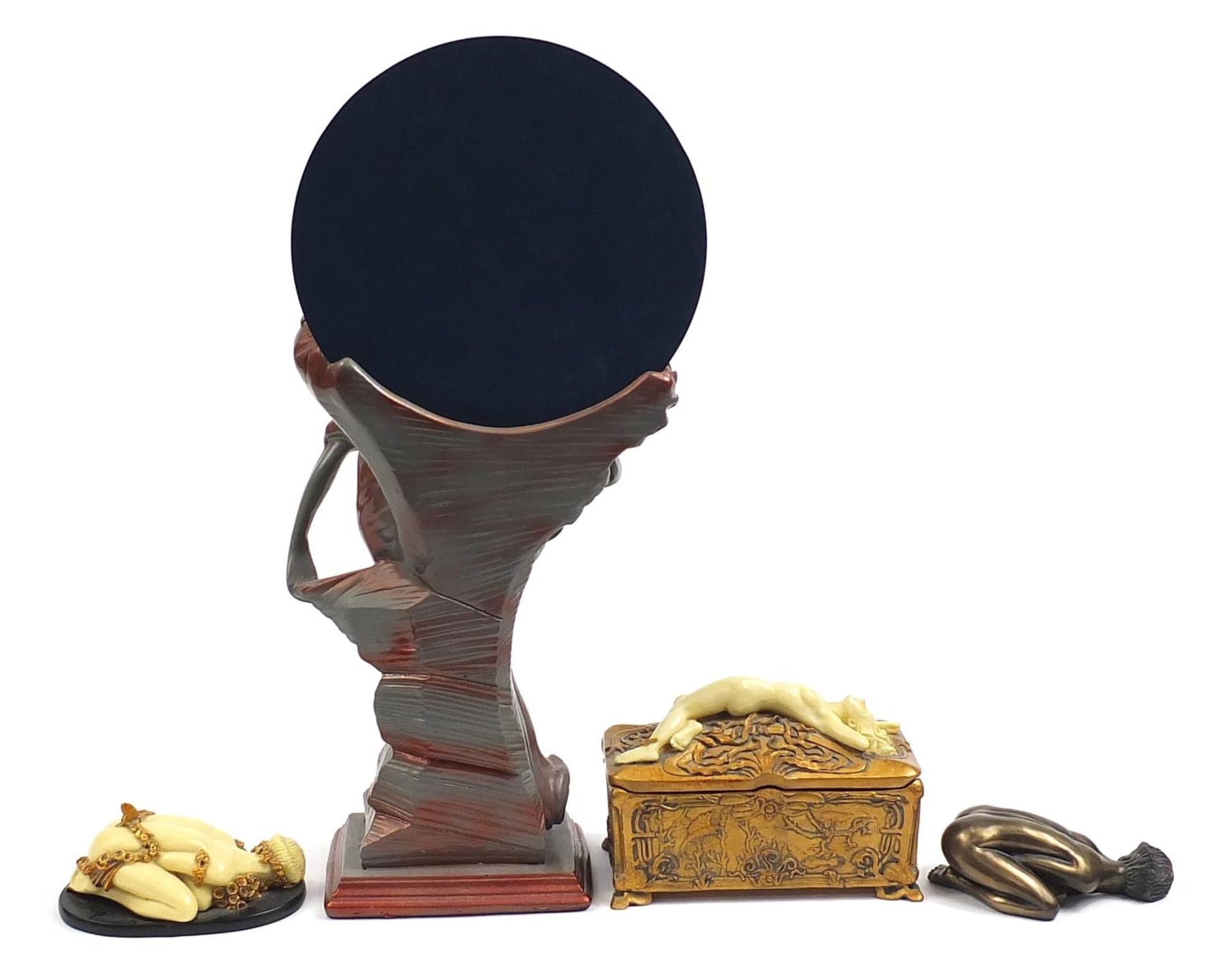 Art Nouveau style figurines including a mirror and box with lift off lid, the mirror 55cm high - Image 5 of 6