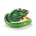 18ct gold and enamel snake design ring with red stone eyes, size H, 5.5g