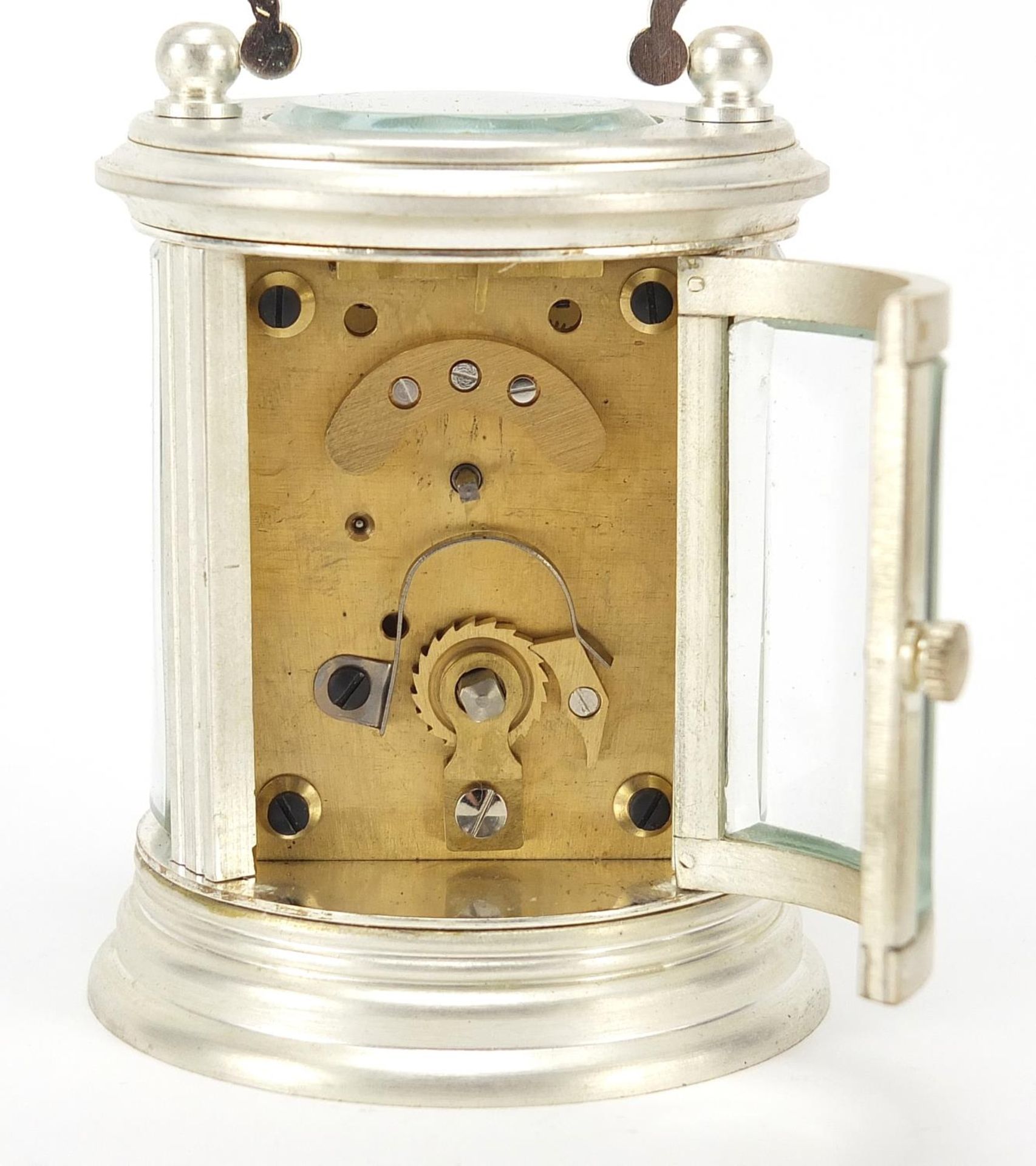 Miniature silvered cylindrical carriage clock with enamelled dial, 8cm high - Bild 3 aus 4