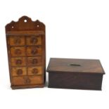 19th century mahogany workbox and a treen spice rack, the largest 45cm high