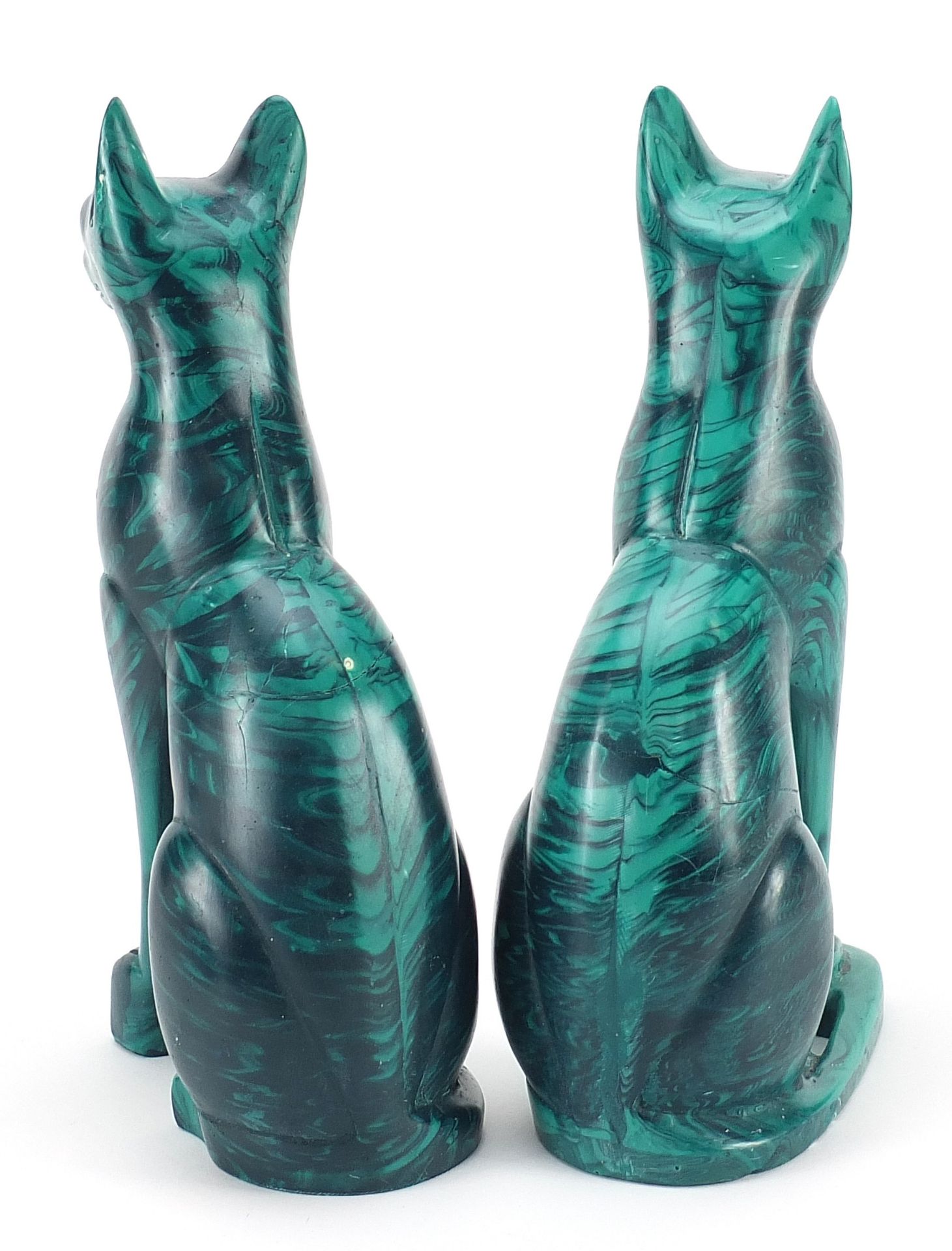 Pair of malachite style seated Egyptian cats, 26cm high - Image 2 of 3
