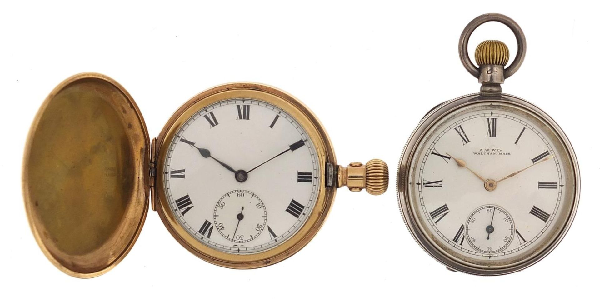 Gentlemen's silver Waltham open face pocket watch and a gold plated full hunter pocket watch, the