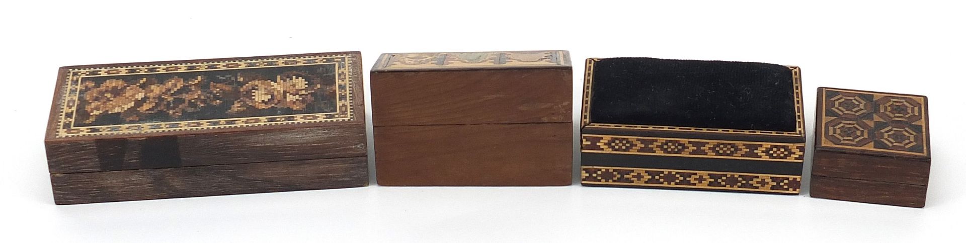 Victorian Tunbridge Ware with micro mosaic inlay comprising pin cushion and three boxes including - Image 2 of 3