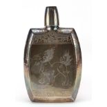 Chinese 950 silver planished hip flask engraved with a dog of Foo, 16cm high, 211.7g