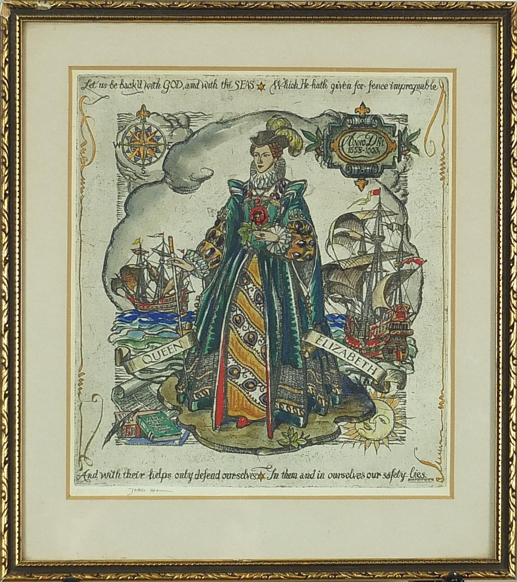 Queen Elizabeth I and Shakespeare Verse, pencil signed print in colour, indistinctly signed, - Image 2 of 4