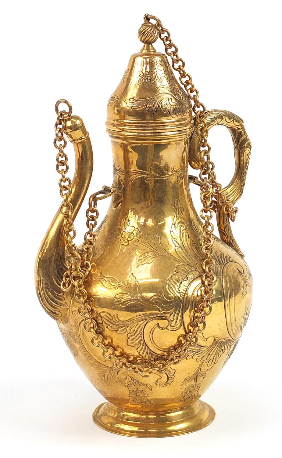 Turkish Tombak ewer engraved with flowers, 37cm high