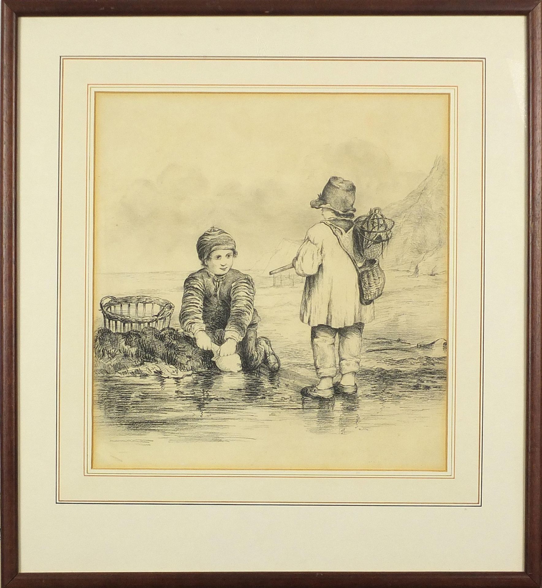 Two children crabbing on a beach, charcoal, mounted, framed and glazed, 31cm x 28.5cm excluding - Image 2 of 3