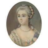 19th century oval portrait miniature of a female wearing a white dress and pearl necklace, housed in
