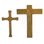 Two gilt metal orthodox crosses including one with Christ, the largest 15.5cm high