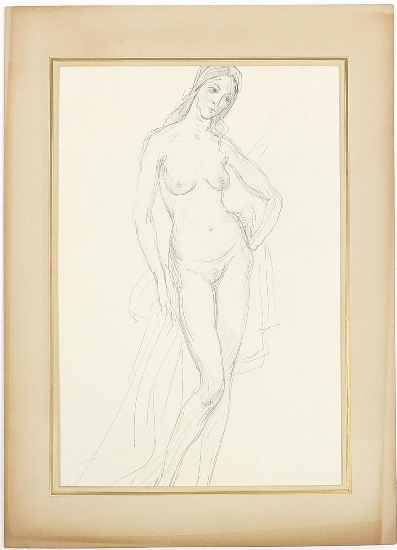 Attributed to Augustus John - Standing nude female, pencil drawing on card, mounted, unframed, - Image 3 of 4