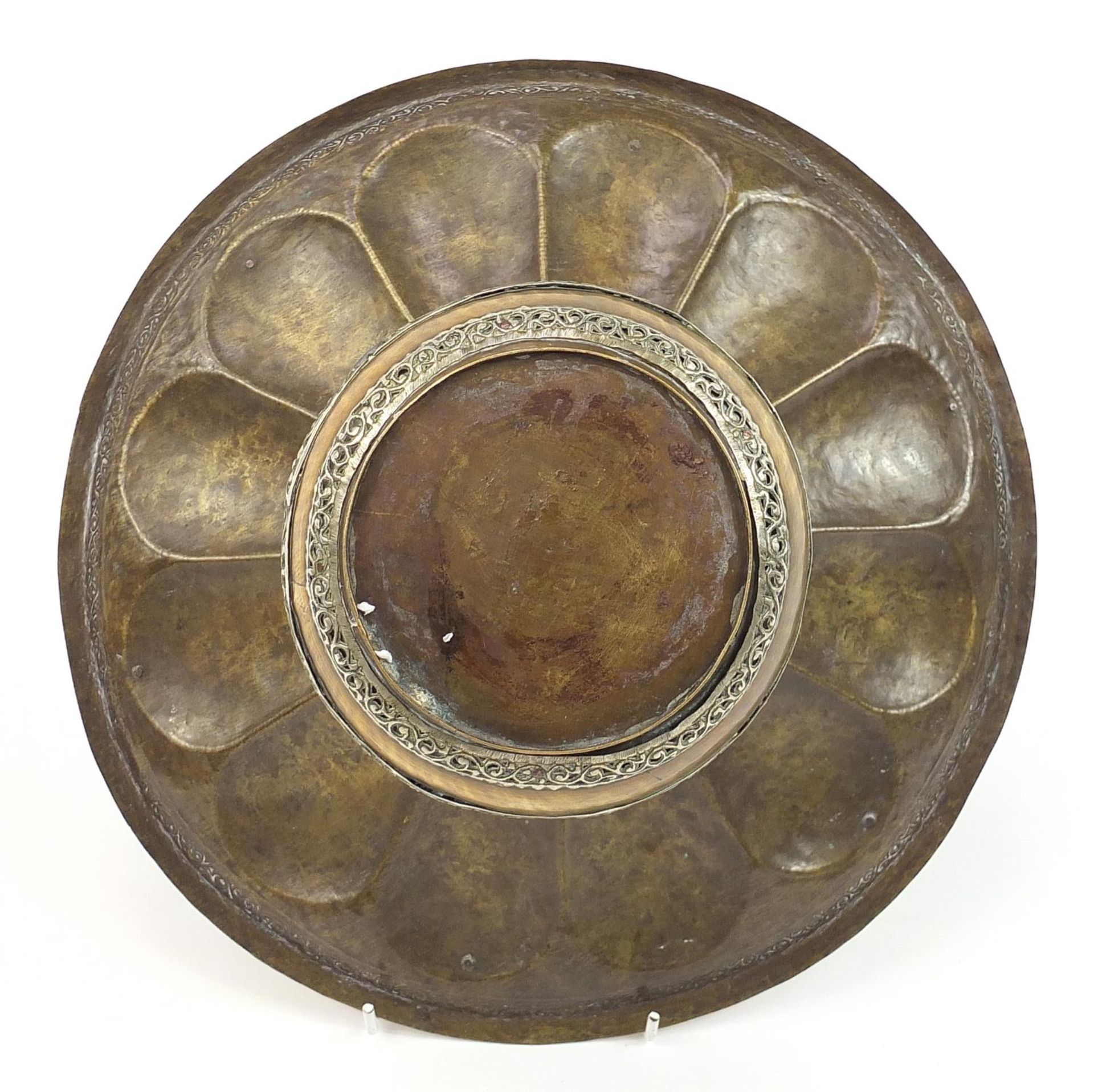 Islamic bronze incense burner with silver overlay and pierced lid, 31cm in diameter - Image 4 of 4