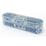 Chinese Islamic blue and white porcelain scribe's box and cover hand painted with flowers, 32.5cm