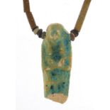 Egyptian faience glazed bead necklace with scarab beetles and Ushabti pendant, 76cm in length