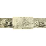 Eric Hebborn - Landscape with water fountain and two sleeping figures, three signed prints, one