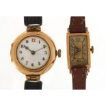 Two 9ct gold wristwatches, one with enamel dial, the largest 26mm in diameter