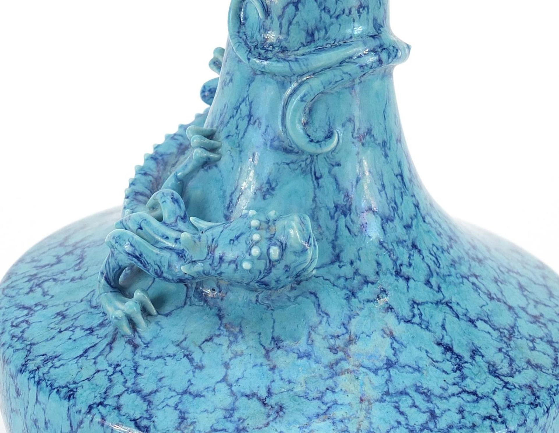 Chinese porcelain vase having a blue glaze decorated in relief with a water dragon, impressed six - Image 2 of 4