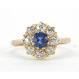 Unmarked gold diamond and sapphire cluster ring, size S, 2.9g
