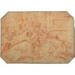 Baby Jesus surrounded by disciples and animals, antique old master sanguine chalk on paper,