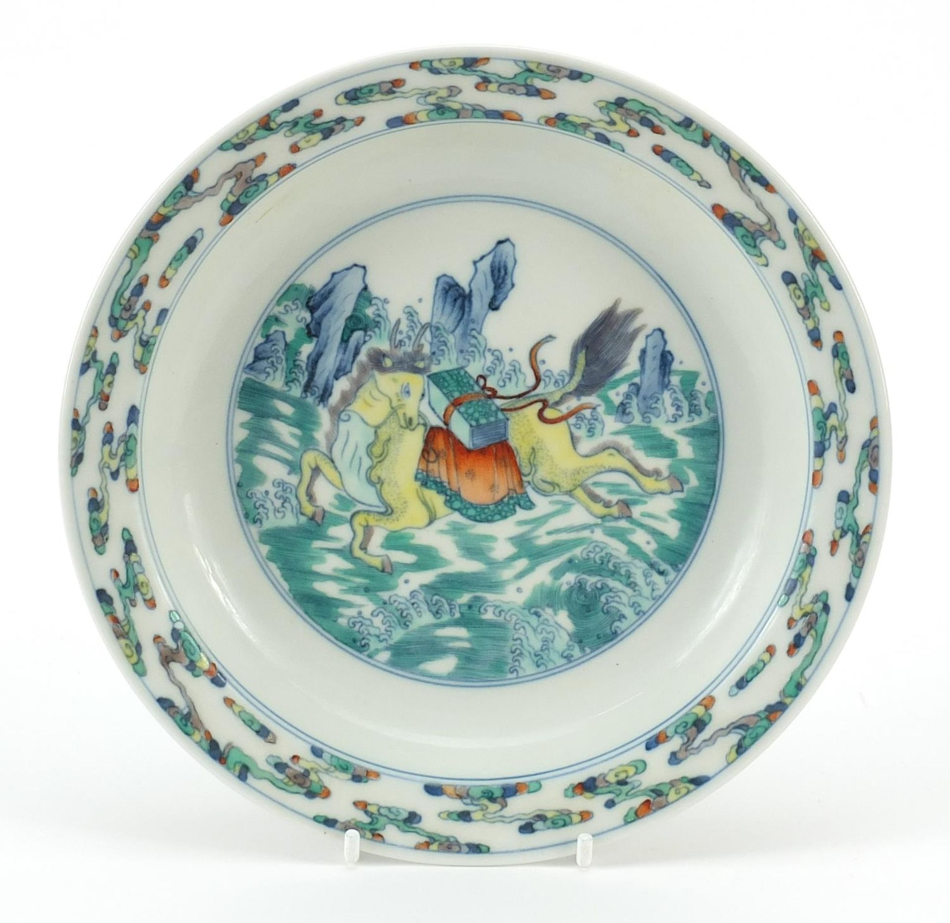 Chinese wucai porcelain shallow bowl hand painted with a horse above waves with Daoist emblem, six