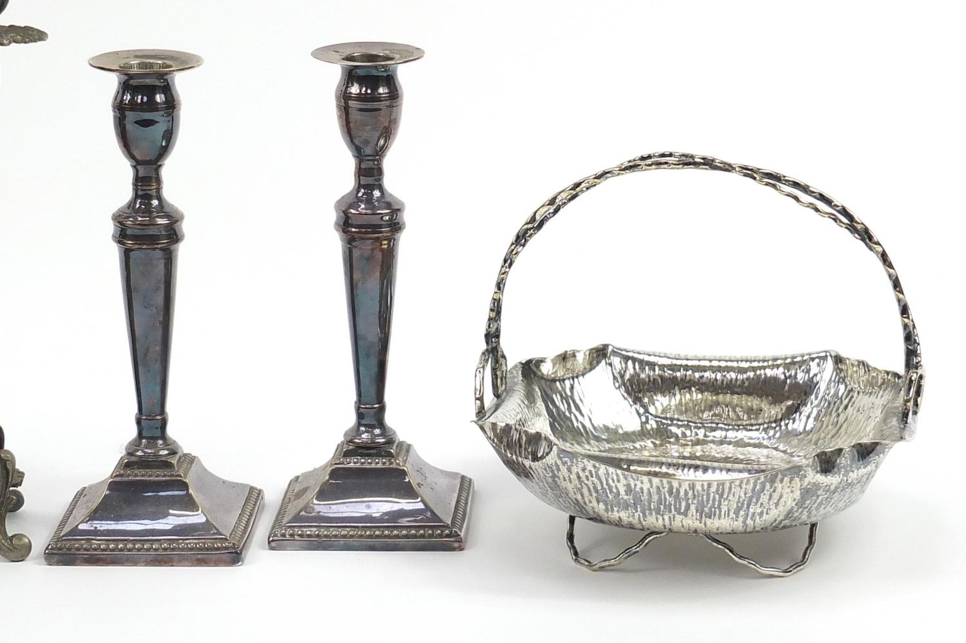 19th century and later metalware comprising a Hukin & Heath silver plated basket, two pairs of - Image 3 of 4