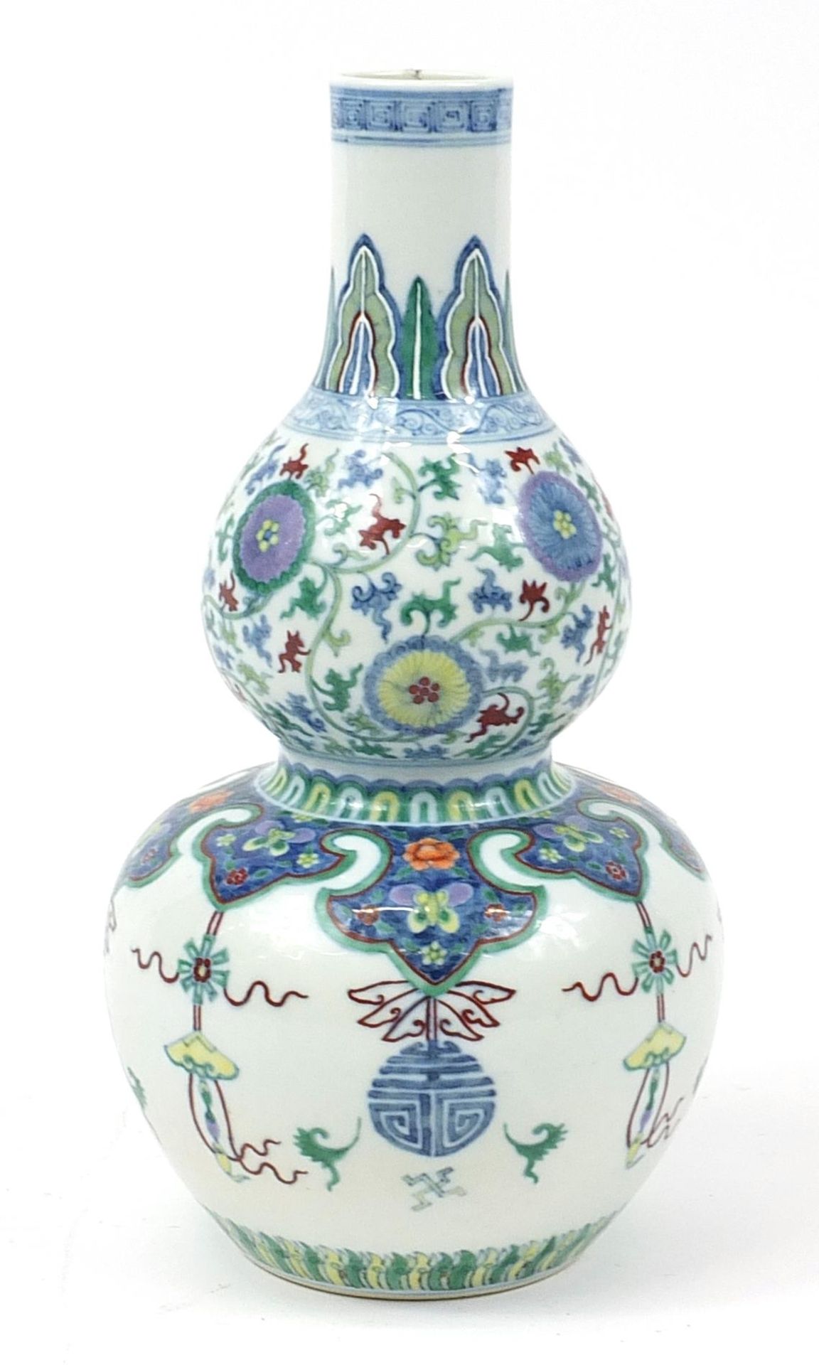 Large Chinese doucai porcelain double gourd vase hand painted with Daoist emblems and flower heads - Image 2 of 3