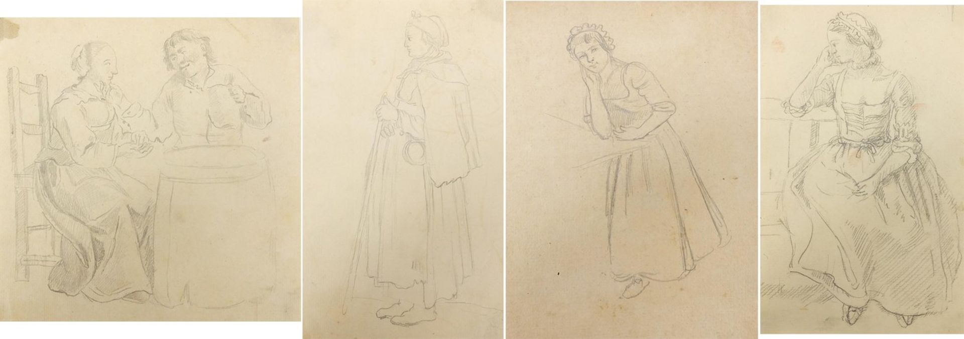 School of George Hayter - Females wearing antique dress and interior scene, four pencil drawings