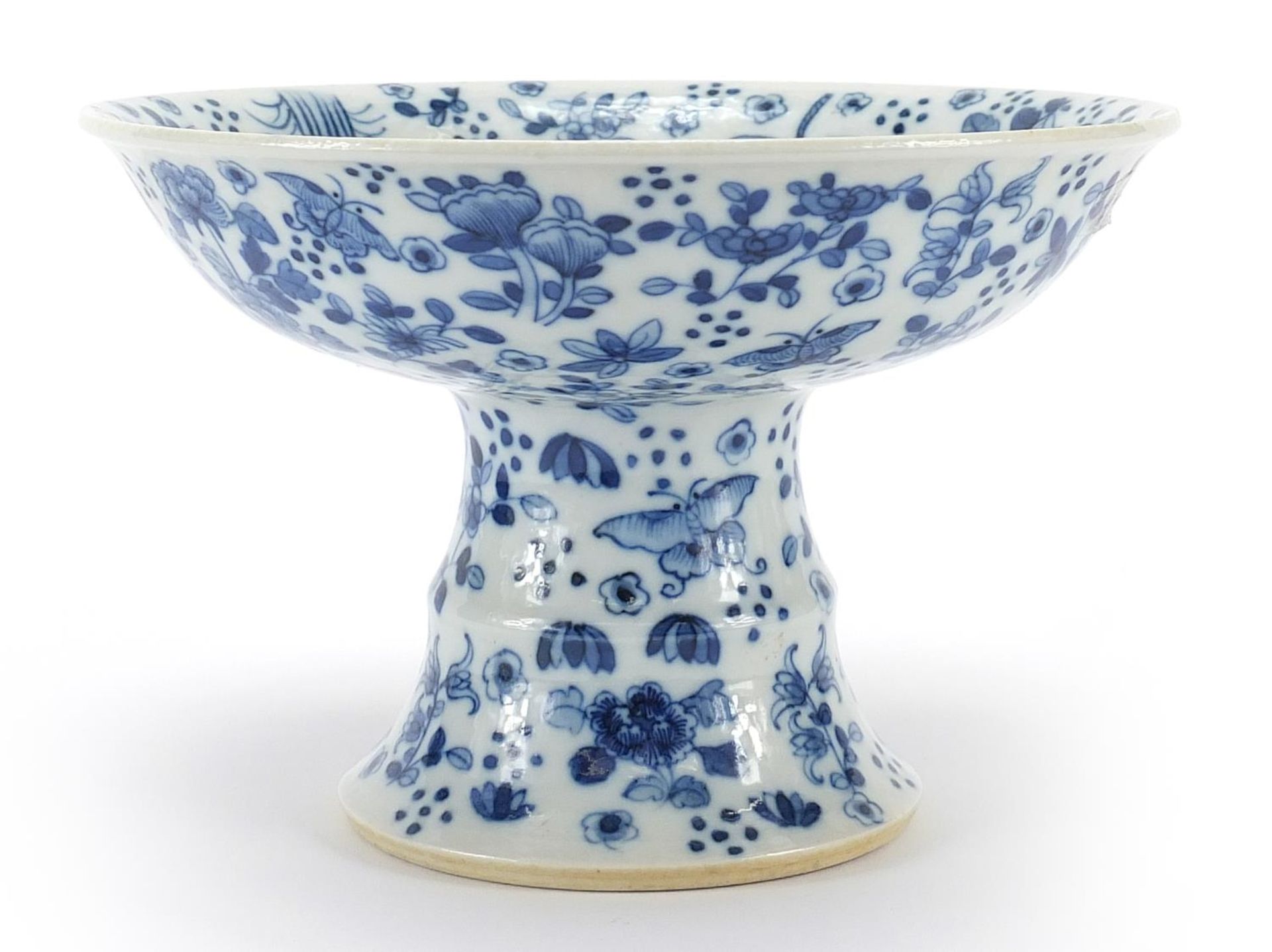 Chinese blue and white porcelain stem dish hand painted with flowers, 14cm high x 21cm in diameter