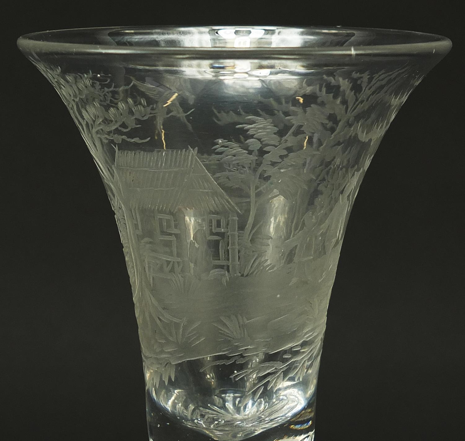 18th century wine glass with air twist stem and bell shaped bowl etched with figures beside a hut - Image 2 of 4