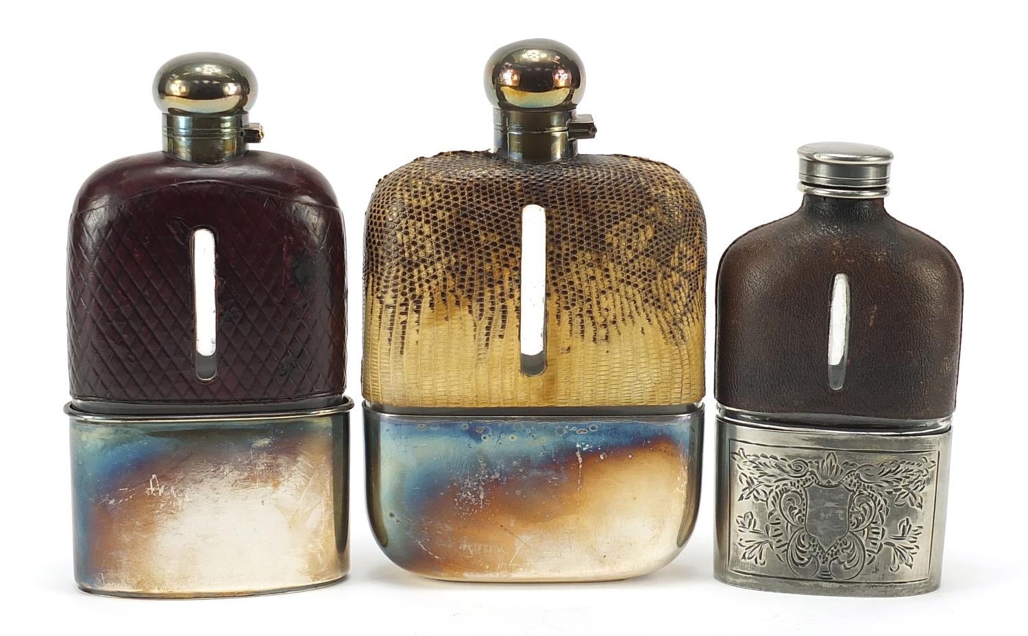 Three antique glass hip flasks with silver plated, snake skin and leather mounts, the largest 18cm - Image 2 of 5