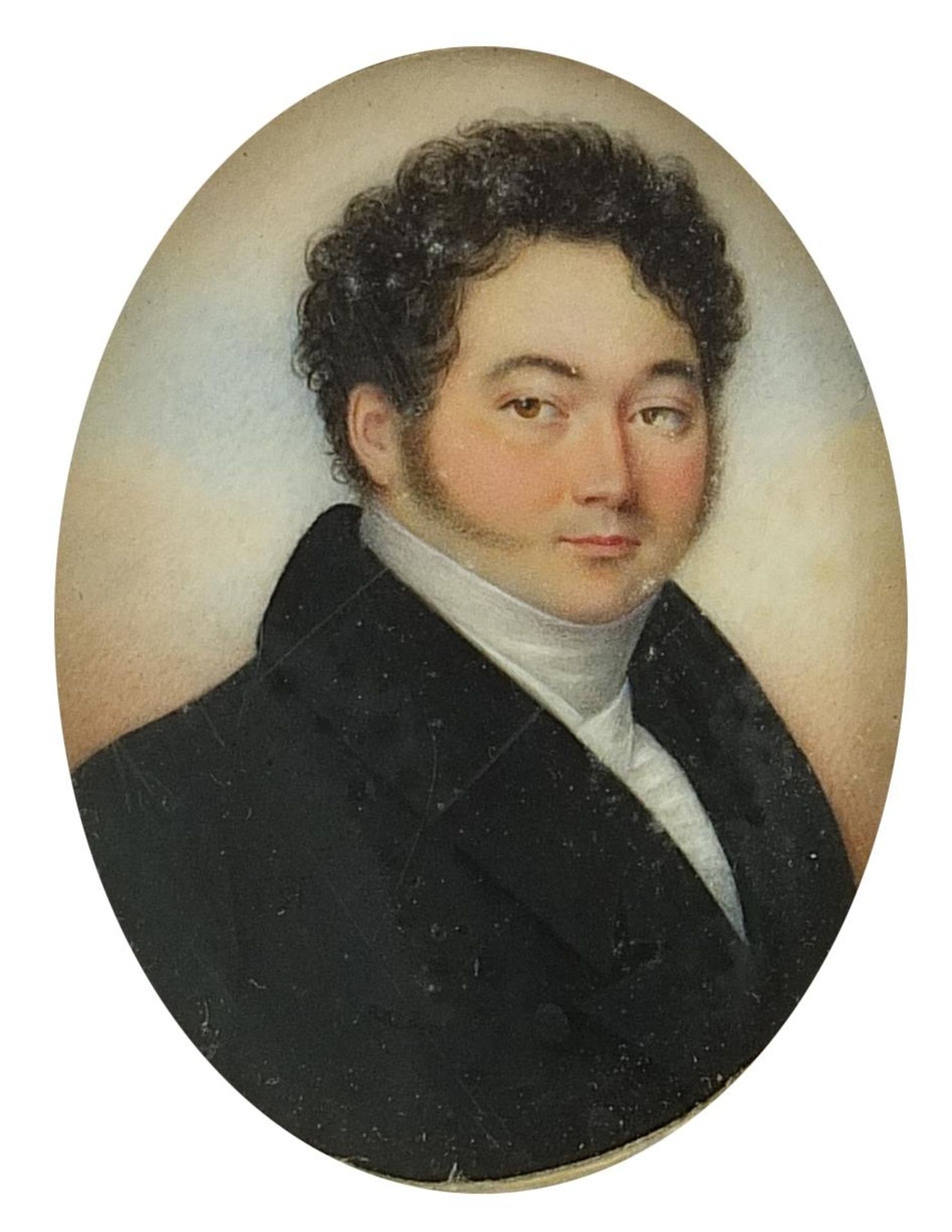 Georgian oval hand painted portrait miniature of a gentleman wearing a cravat housed in a giltwood