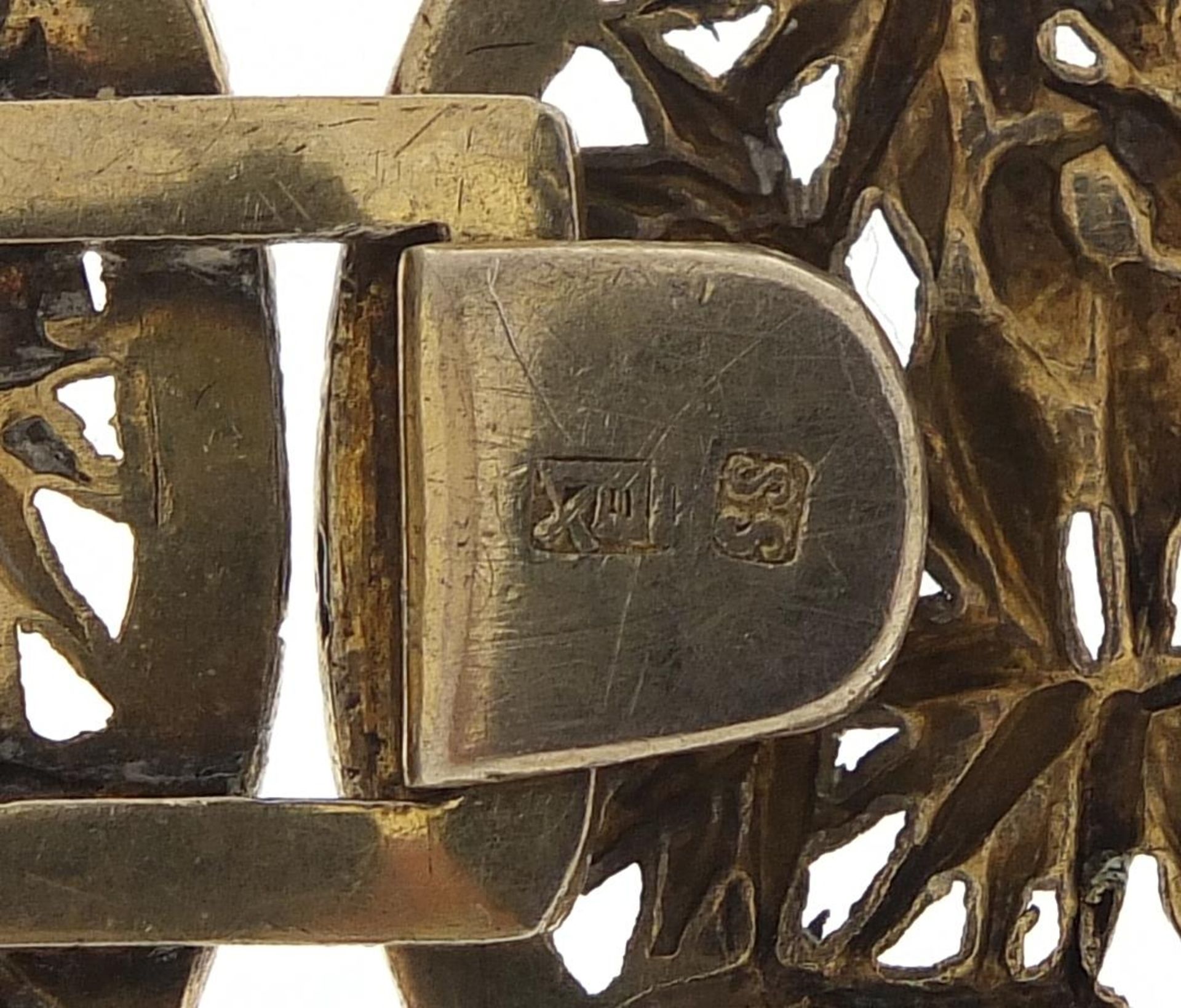 Chinese silver gilt two piece buckle, pierced and embossed with birds amongst bamboo grove, possibly - Image 5 of 5