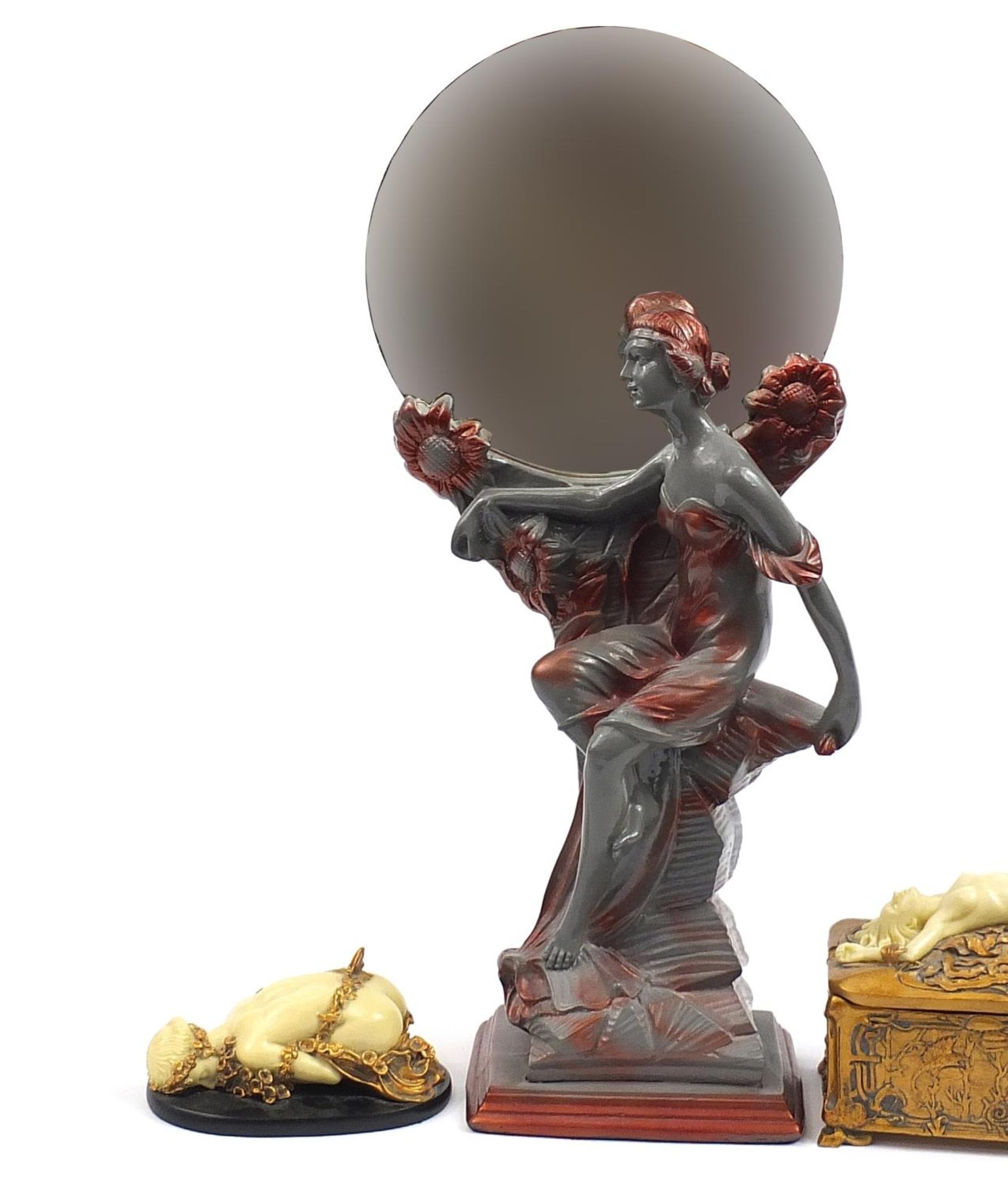 Art Nouveau style figurines including a mirror and box with lift off lid, the mirror 55cm high - Image 2 of 6