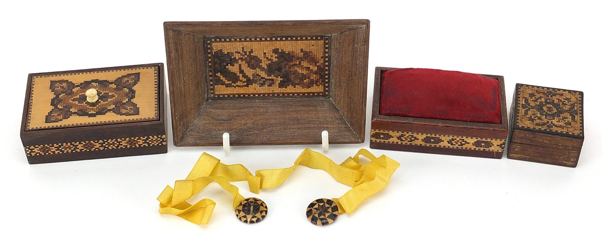Victorian Tunbridge Ware with micro mosaic inlay including rectangular dish, two boxes and a pin